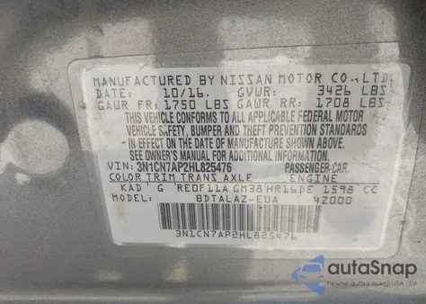 2017 Nissan Versa 1.6 S+ из США, поврежденный, VIN 3N1CN7AP2HL825476